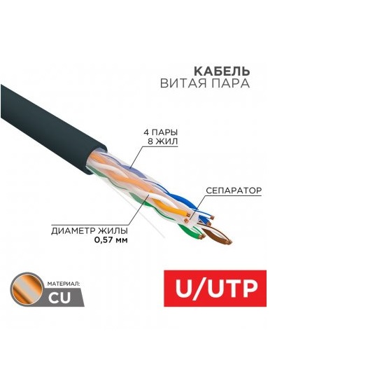 Кабель витая пара U/UTP, CAT 6, PE, 4PR, 23AWG, OUTDOOR, SOLID, черный, 305м REXANT  01-0058 Фото