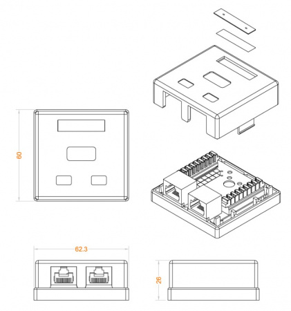 Hyperline SB1-2-8P8C-C5e-WH Розетка компьютерная RJ-45(8P8C), категория 5e, двойная, внешняя, Dual IDC Фото Hyperline SB1-2-8P8C-C5e-WH Розетка компьютерная RJ-45(8P8C), категория 5e, двойная, внешняя, Dual IDC Фото