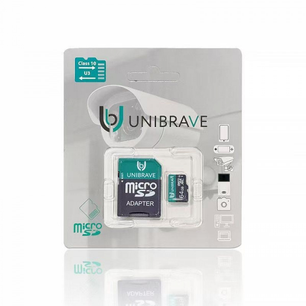Карта памяти для видеонаблюдения 64GB MicroSD Unibrave Class 10 U3 + SD адаптер Фото Карта памяти для видеонаблюдения 64GB MicroSD Unibrave Class 10 U3 + SD адаптер Фото