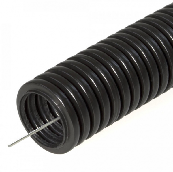 Гофра ПНД с зондом D=20 мм черная лёгкая, безгалогенная (HF), Промрукав бухта 100м Фото