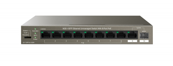 G1110PF-8-102W Неуправляемый PoE коммутатор IP-COM c 8 портами PoЕ 10/100/1000 Мбит/с, 1 Uplink 10/100/1000 Мбит/с, 1 SFP 100/1000 Мбит/с Фото
